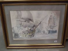 A large gilt framed and glazed watercolour of galleons at battle signed George M Kehew.