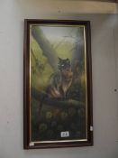 A framed and glazed oil on board painting of a cat entitled 'Toby' by David Wauer, March 2000.