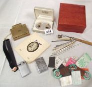 A pair of malacite cufflinks, cigarette lighters, leather box, sewing implements etc.