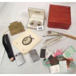 A pair of malacite cufflinks, cigarette lighters, leather box, sewing implements etc.