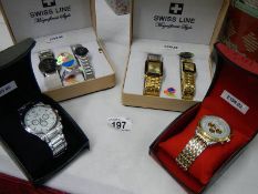 4 boxed wrist watches Including Swiss Line.