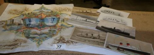 A 1935 Commemorative handkerchief and 7 vintage steamer postcards.
