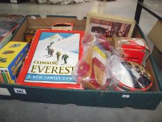 A box of vintage toys including tin, old marbles, wooden blocks, lorry etc.