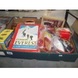 A box of vintage toys including tin, old marbles, wooden blocks, lorry etc.