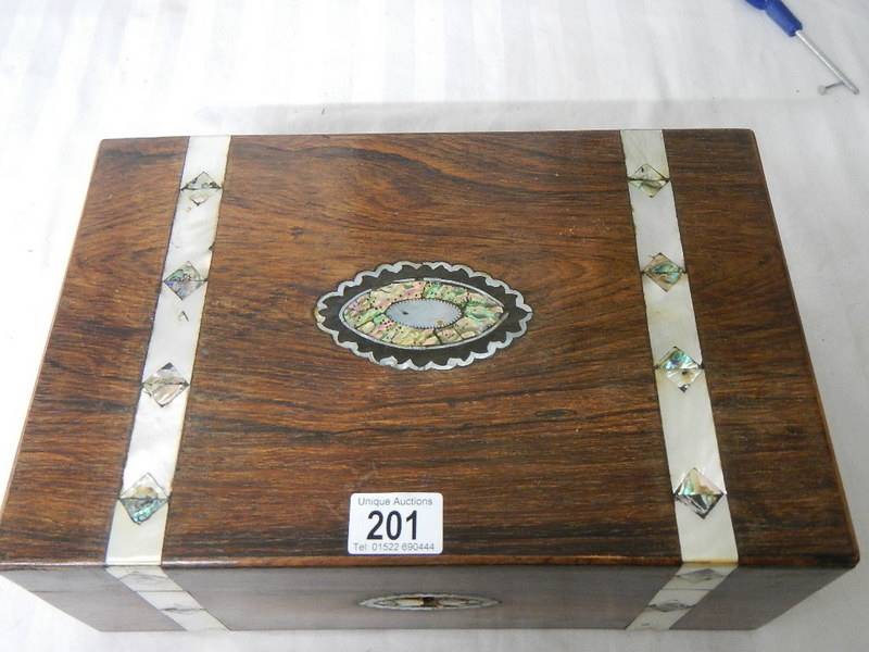 A Rosewood writing box, a/f with mother of pearl a/f and some missing.