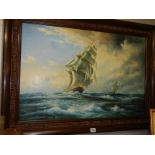 A large oil on canvas seascape depicting sailing ships on rough seas.