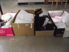 4 boxes containing household linen, fabric, hats,