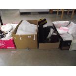 4 boxes containing household linen, fabric, hats,