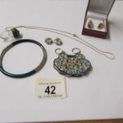 A cone shaped perfume bottle, a green bangle, amethyst ear pendants and enamelled items etc.