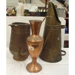 2 vintage brass and copper coal scuttles and a jug