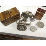 2 Powell & Hanmer vintage motorcyle carbide lamps, tape measures, sewing box,