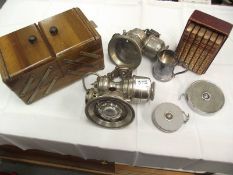 2 Powell & Hanmer vintage motorcyle carbide lamps, tape measures, sewing box,