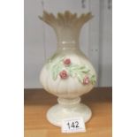 A belleek vase with applied rose decoration, 20 cm tall.