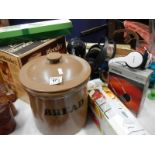 A mixed lot of kitchen ware, bread pot etc.