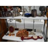 2 shelves of metalware, barometer etc.