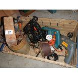 A box of tools, fret saw, planer, drill, hammers etc.