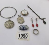 A pair of pendant earrings, a Delft brooch, a watch head, medallions etc.