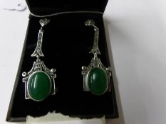 A pair of silver marcasite and jadarite art deco drop earrings.