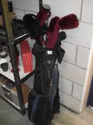 A caddy bag with golf clubs including Wilson