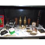 A mixed lot of brassware, plaques, albion bakelite desk calendar etc.