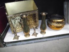 An art nouveau brass hammered platter decorated with leaves, magazine rack, vases etc.