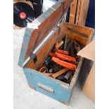 An old pine tool box with tools.