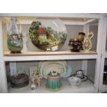 A large continental handpainted charger and other pottery/china including a large cheese keep (2