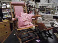 An American rocking chair (re-upholstered) and a rocking foot stool.