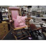 An American rocking chair (re-upholstered) and a rocking foot stool.