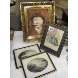 A 19th C coloured engraving and 2 others and a gilt framed oil on canvas signed Tom Riley 85