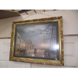 A large gilt framed print of 19c dockside