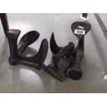 2 cast iron shoe lasts and a flat iron