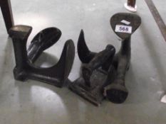 2 cast iron shoe lasts and a flat iron