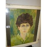 A framed and glazed T Finch oil on paper portrait of a woman in green top, signed.