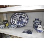Late 19c Carlton ware blue and white biscuit barrel and other items including Chinese bowl etc.