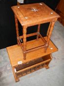 An oak magazine rack and an inlaid table.