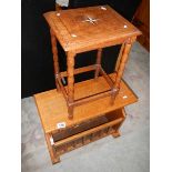 An oak magazine rack and an inlaid table.