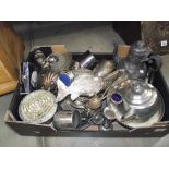 A large box of silver plate and metal ware