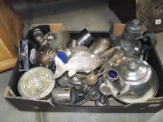 A large box of silver plate and metal ware