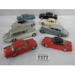 Eight 1960's Dinky cars including Rolls Royce, Volkswagen, Volvo etc.