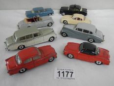 Eight 1960's Dinky cars including Rolls Royce, Volkswagen, Volvo etc.
