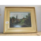 A gilt framed oil on canvas of Chuch Village scene and 2 others