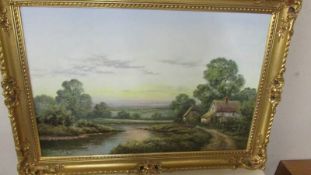 A gilt framed landscape oil on canvas signed W Reeves, image 75 x 49 cm. (collect only).