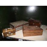 A Victorian tea caddy, a carved teak box and 2 inlaid boxes.