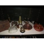 A box of miscellaneous including vintage items, tape measure, brass etc.