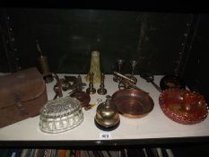 A box of miscellaneous including vintage items, tape measure, brass etc.