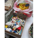 A box of lego and a bag of Lego style large bricks etc