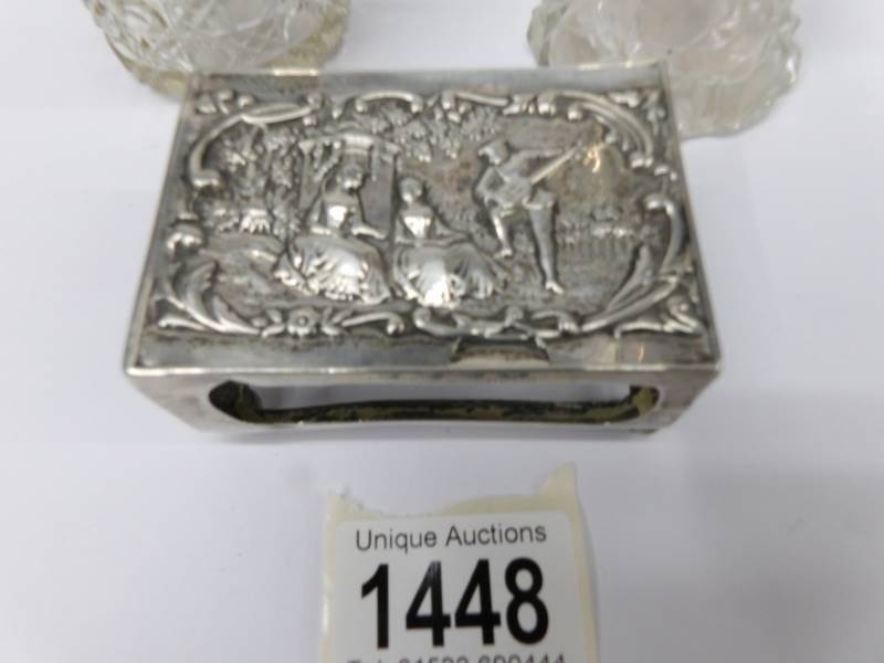 A silver topped hair pot, a scent bottle and a matchbox holder. - Image 2 of 4