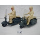 2 rare plastic Mettoy friction Lambretta scooters with riders, both have damaged handle bars.