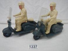 2 rare plastic Mettoy friction Lambretta scooters with riders, both have damaged handle bars.